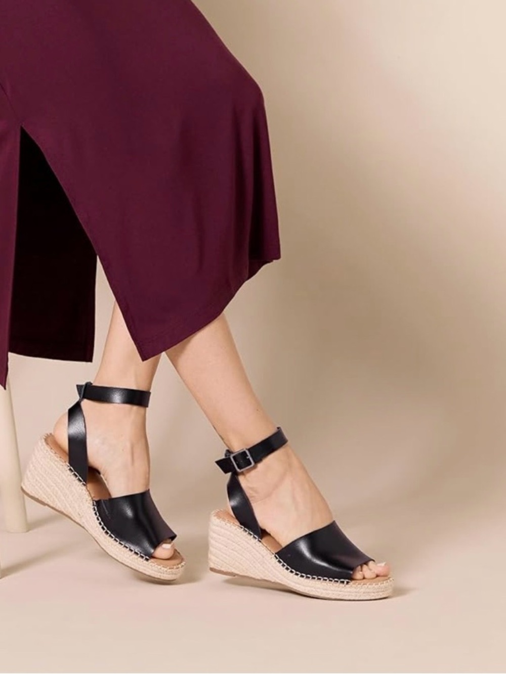 Amazon Essentials Black Espadrille Wedge Sandals with Ankle Strap